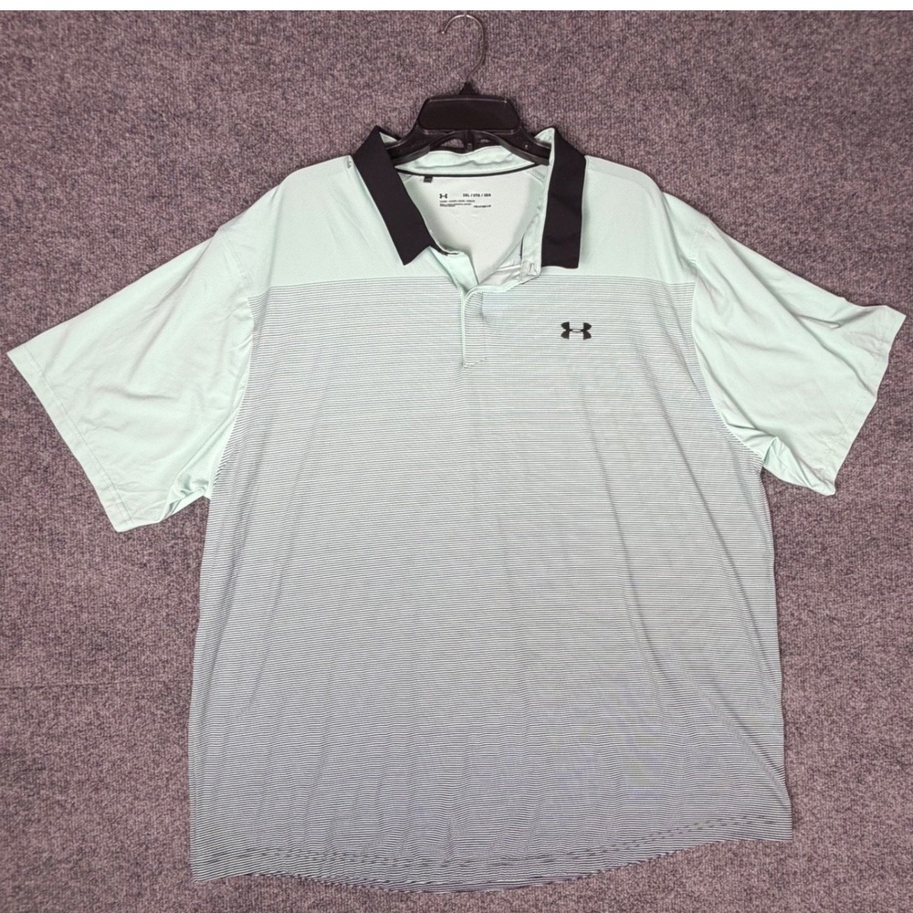 Under Armour HeatGear Mens 3XL Polo Shirt Mint Green Striped Golf Top Loose Fit - Picture 2 of 8